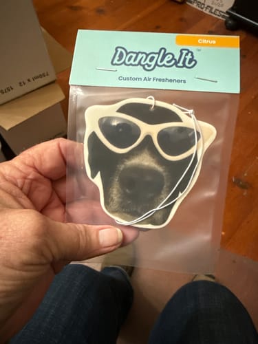 Customer holds a packaged Custom Air Freshener shaped like a dog wearing cool sunglasses.