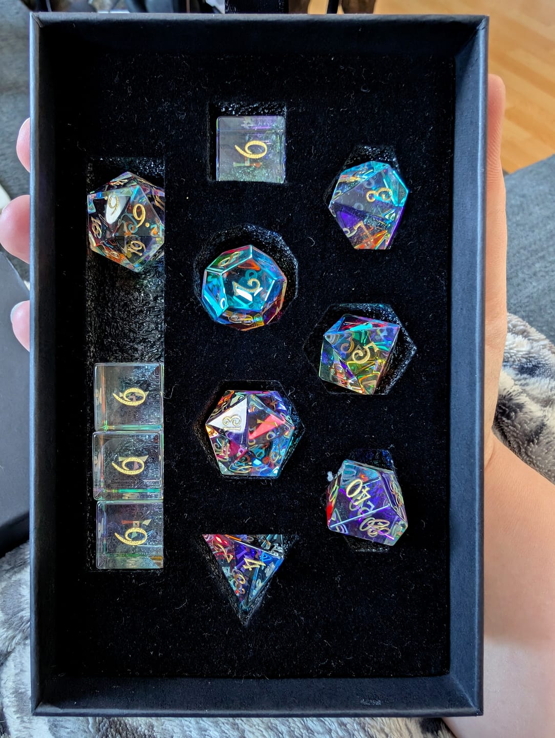 Customer photo review of URWizards D&D Dichroic Prism Glass Gemstone Engraved Dice Set