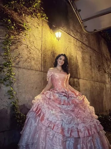 Customer photo review of Pink Layered Tulle Ruffle Dress with Embroidery – Strapless Evening Dress with Corset Back Plus Size