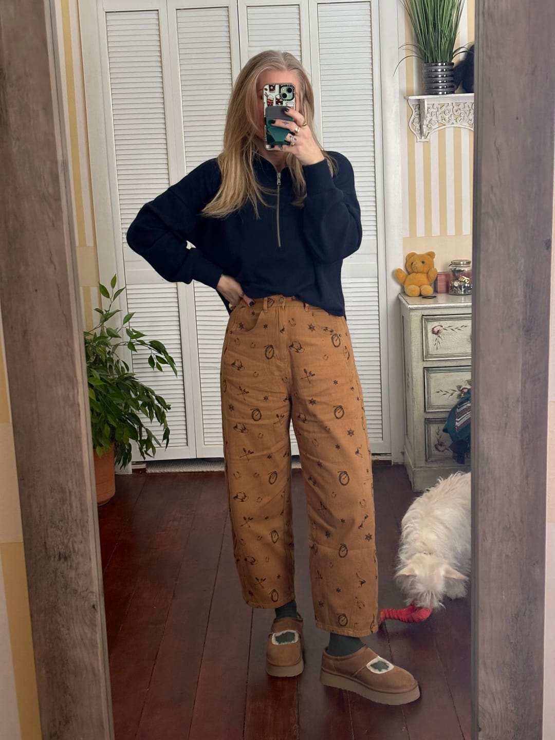 Customer photo review of Washed Taupe Barrel Pants With Western Print