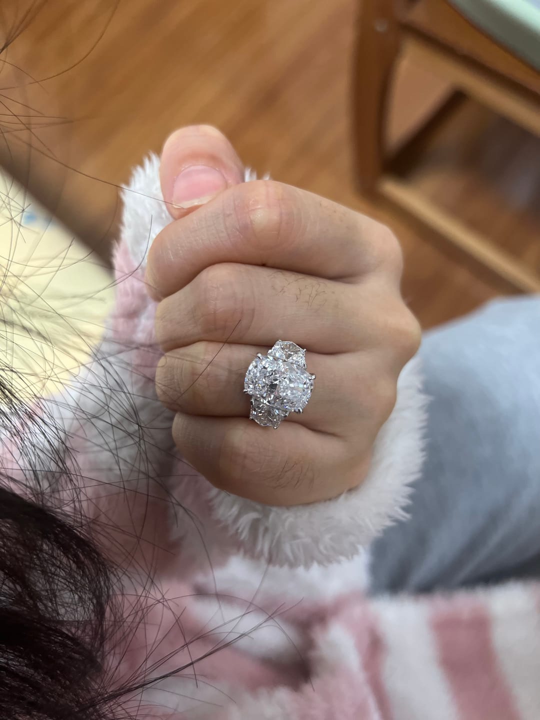 Customer photo review of 6.0 Ct Elongated Cushion Cut Simulated Diamond Three-Stone Travel Engagement Ring in S925 Sterling Silver