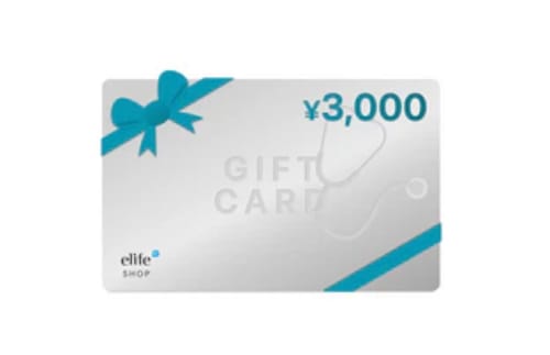 レビュー投稿者が投稿した、elife SHOPの3,000円ギフトカード。水色のリボンと聴診器のデザイン。