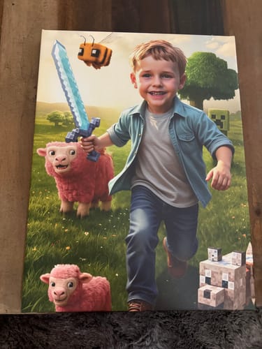 Customer's 'The Minecraft Kid' portrait showing a happy boy with a sword and pink sheep in a colorful, blocky world.