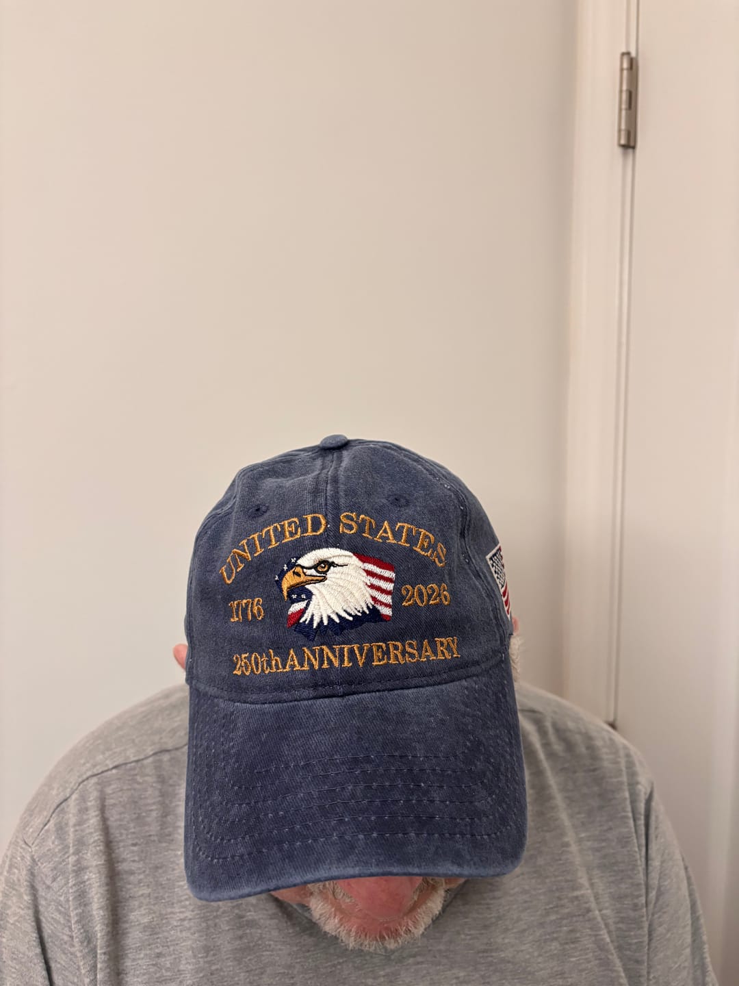 Customer photo review of USA 250th Anniversary Eagle Embroidered Cap 1776 – 2026 – Washed Navy