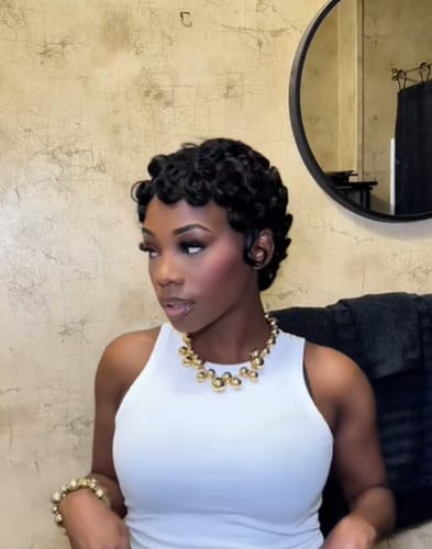 Customer photo review of Luvwin Full Lace Wave Curls Short Pixie Cut Wig 100% Human Hair