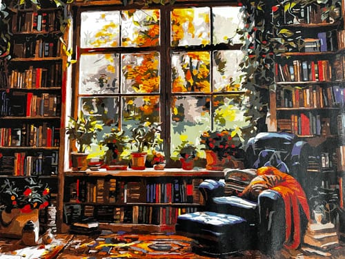 Customer's finished Quiet Library Corner painting, a cozy library scene with bookshelves, a window, and an armchair.