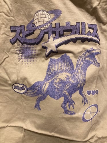 Close-up of the customer's Vintage Y2K Japanese Spinosaurus T-Shirt, showing the purple graphic on the off-white fabric.