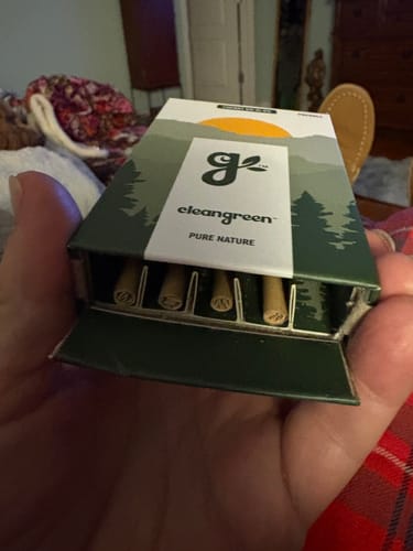 Reviewer holding an open box of neatly rolled pre-rolls.