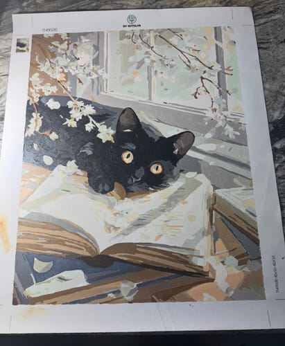 Customer's completed 'The story keeper' paint-by-number canvas, showing a black cat with wide eyes on a book.