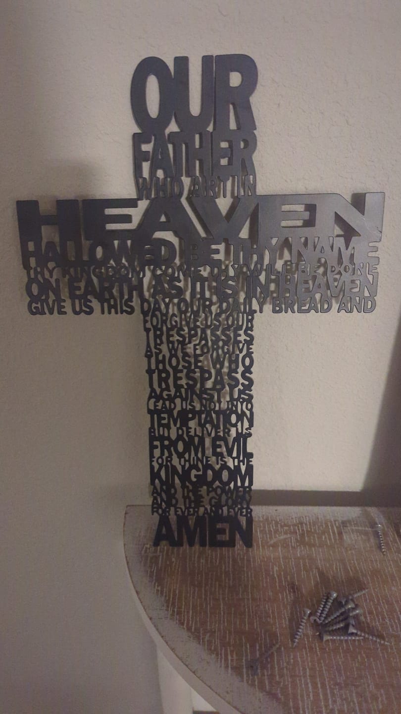 Customer photo review of Christianartworkshop Textured Lord's Prayer Cross Metal Wall Decor with Biblical Phrases