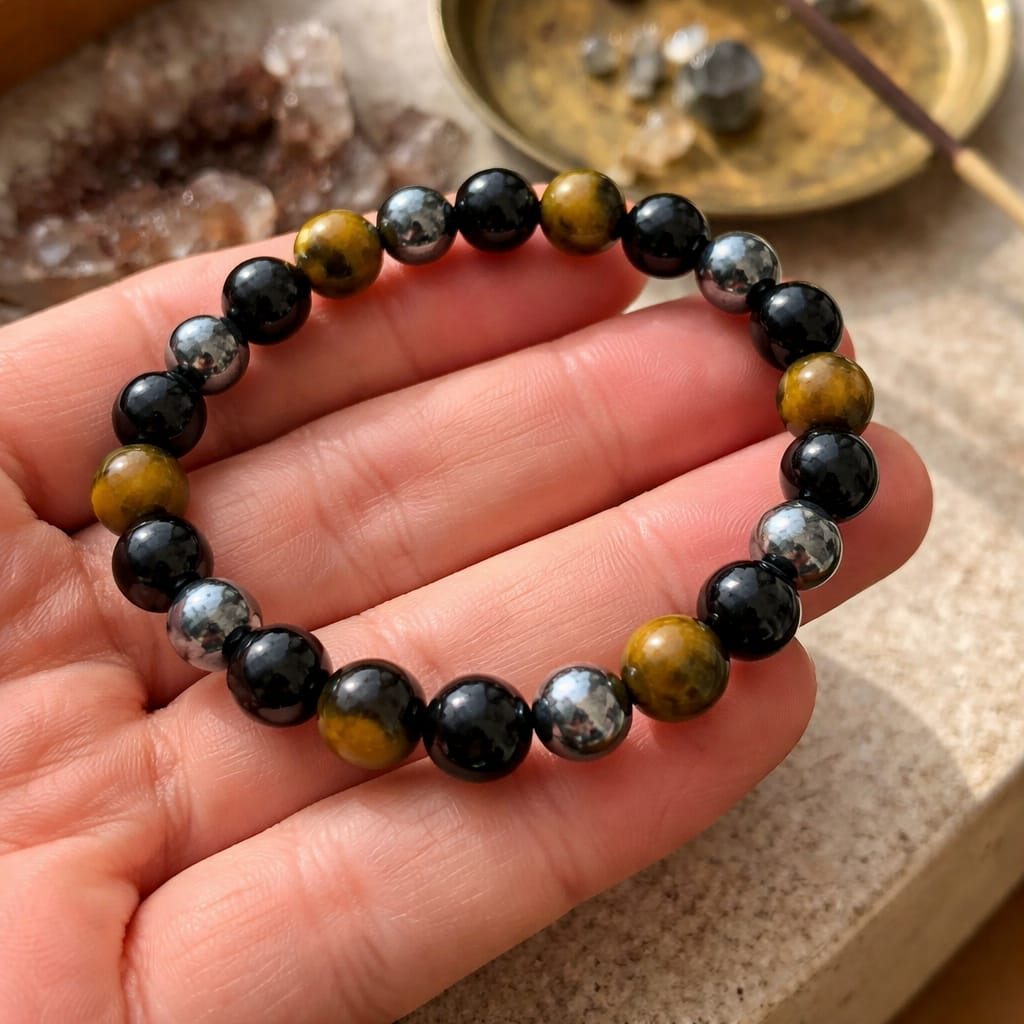 Customer photo review of 100% Natural Black Tourmaline, Hematite and Tiger Eye beads, Triple Protection Vastu Remedy Bracelet — 8mm Beads