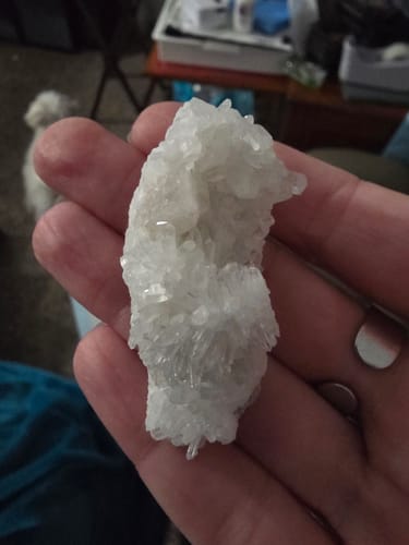 Customer holding a small white quartz cluster from the VIP Crystal Club in their hand.