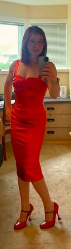 Customer photo review of Jawbreaker Wiggle Dress in Red Sparkle Laminate - Vixen by Micheline Pitt