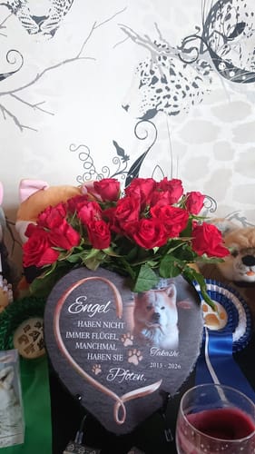 Rezensent zeigt das individuelle Schieferherz als Gedenken, verziert mit einem Foto eines Hundes und einem Strauß roter Rosen.