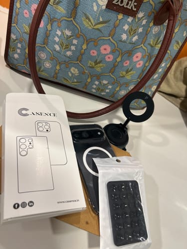 Reviewer's new Casence MagPro Magnetic Phone Holder shown with a compatible phone case, packaging, and accessories.