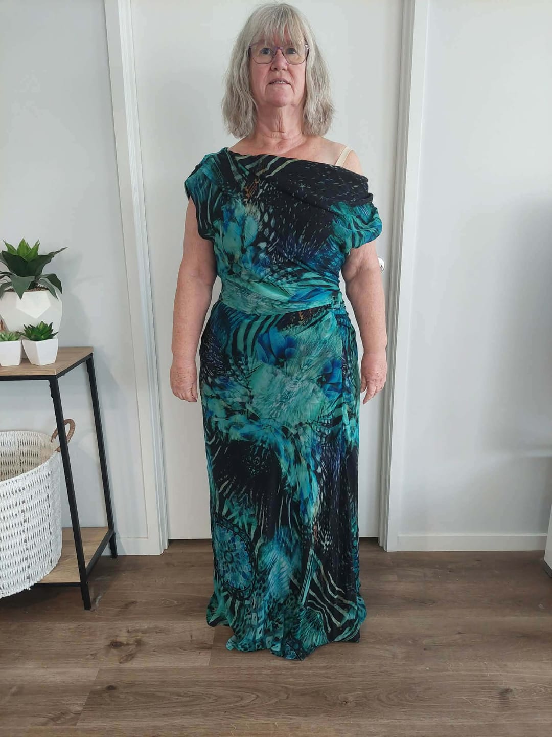 Customer photo review of Marielle Off Shoulder Maxi Dress in Green Multi Chiffon