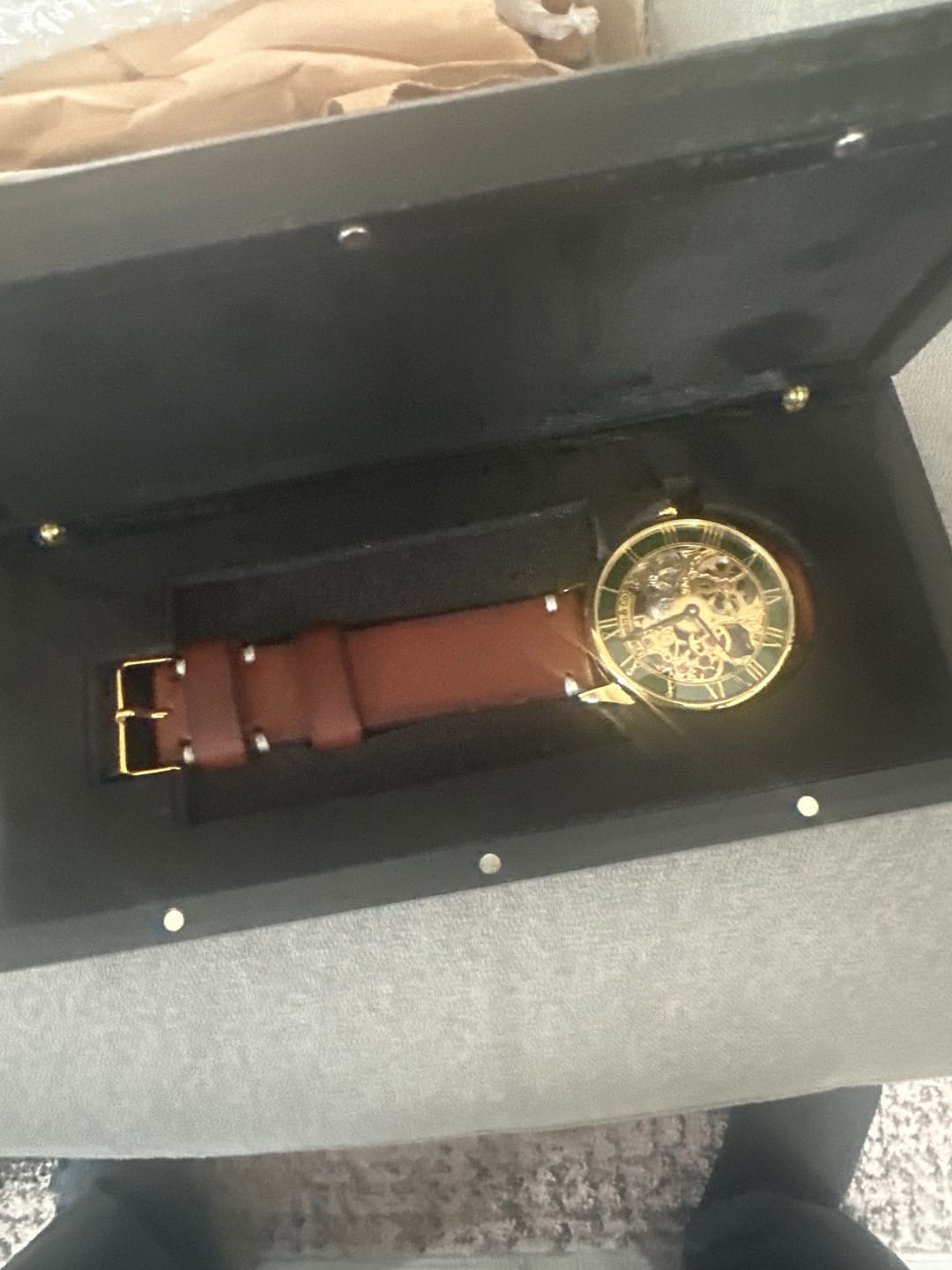Customer photo review of Handmade Skeleton Watch - Emerald Rim