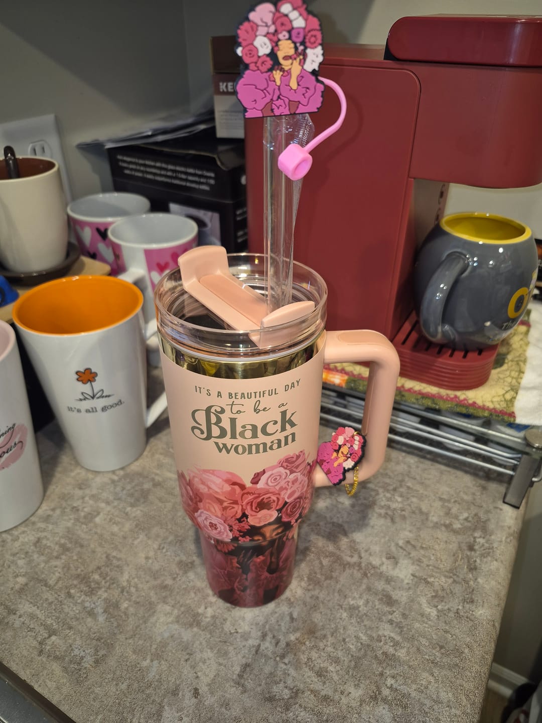 Customer photo review of Rose Pink “Royalty Blossomed” Insulated Tumbler – "It’s a Beautiful Day to be a Black Woman"