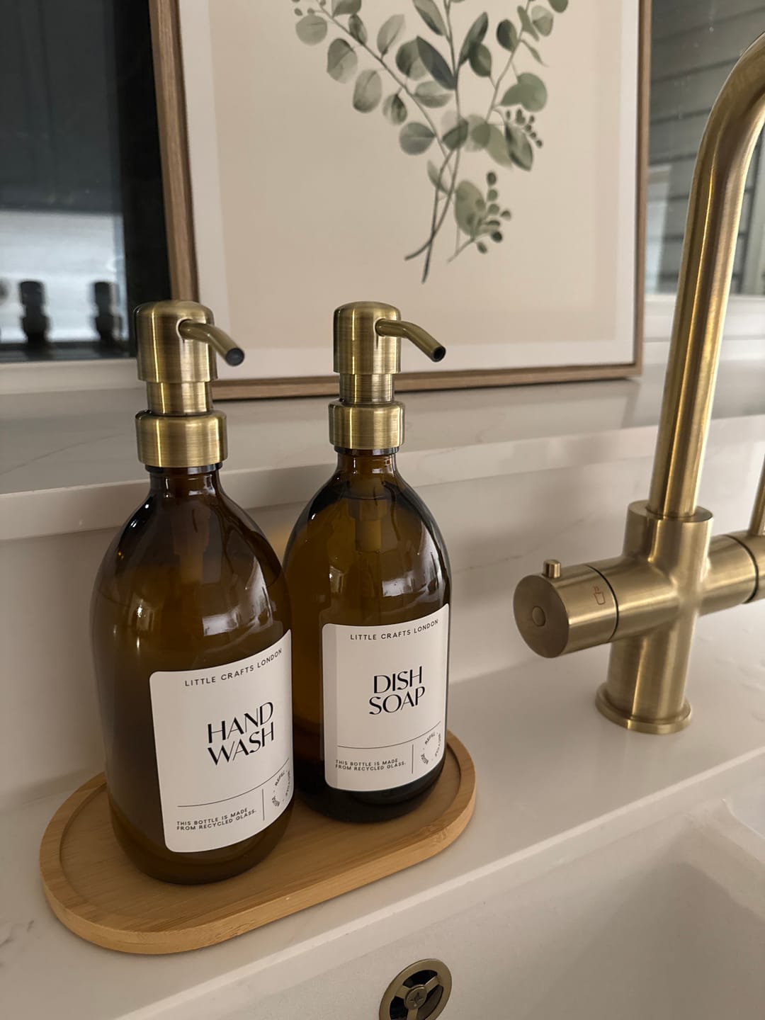 Customer photo review of Set of 2 Amber Glass Bottle 500 ML with Metal Pump & Small Tray