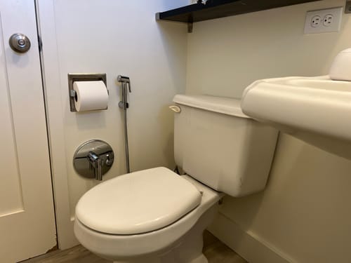 Reviewer's handheld bidet installed on the wall in a white bathroom, next to the toilet and a chrome mixing valve.