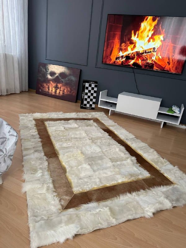 Customer photo review of Ivory Genuine Sheepskin Area Rug with Gold Trim Border