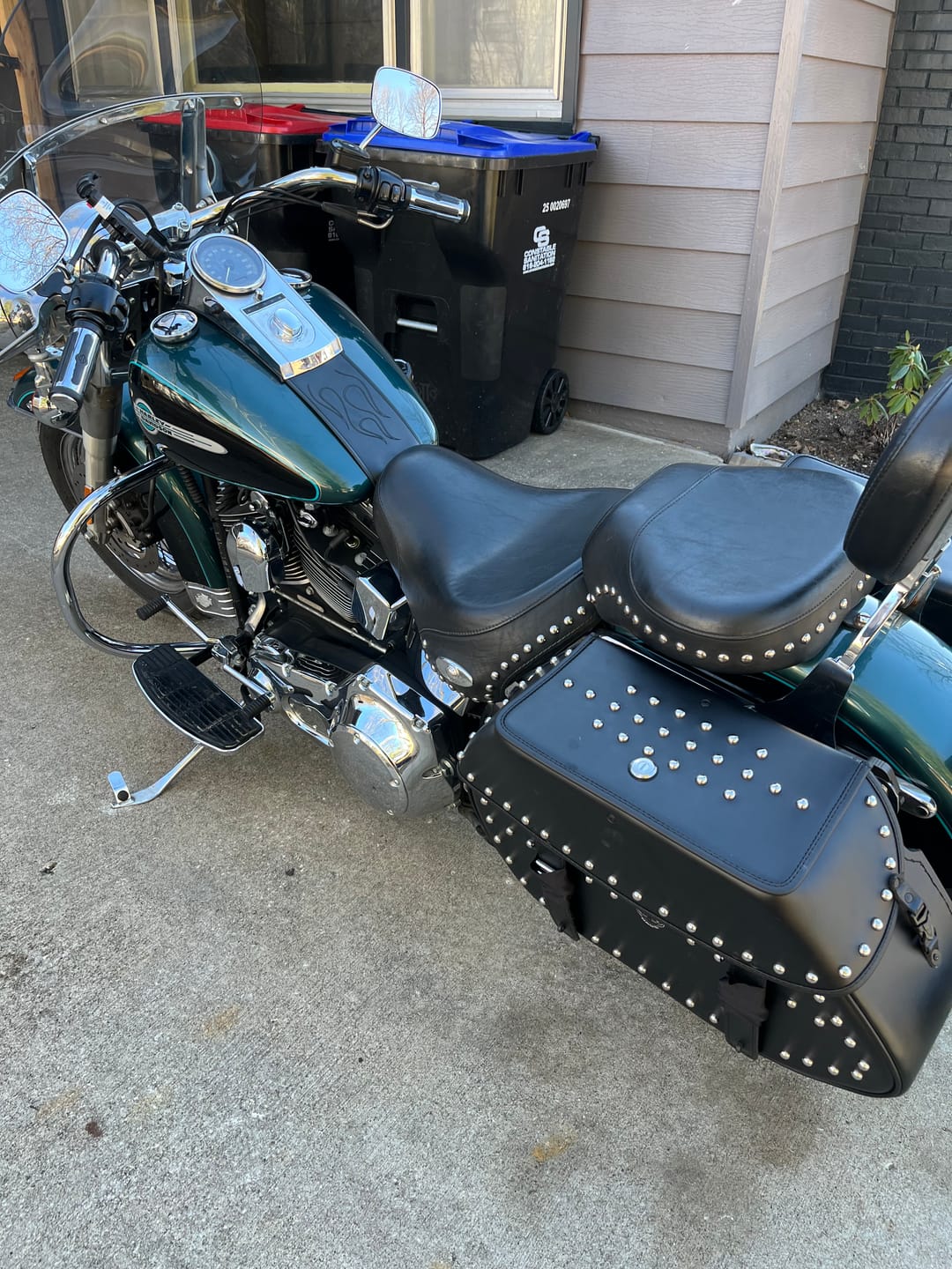 Customer photo review of 35L - Legacy Extra Large Studded Leather Motorcycle Saddlebags for Harley Softail Heritage FLSTC/I