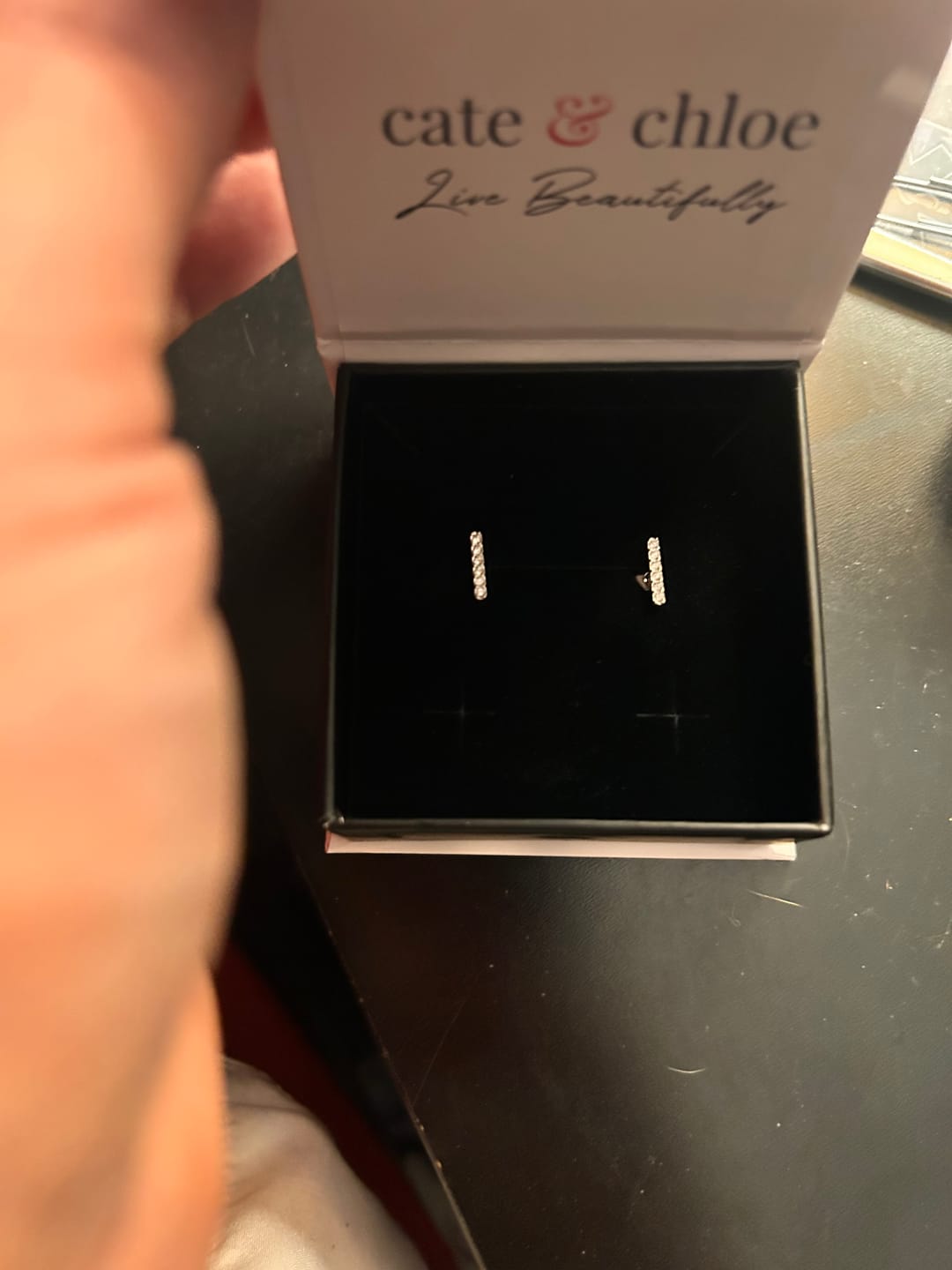 Customer photo review of Hayden 18k White Gold Plated Linear Stud Earrings with Swarovski Crystals