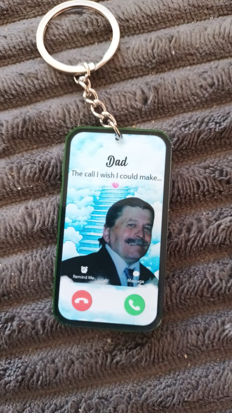 Customer photo review of The Call I Wish Memorial Sympathy Gift - Photo Inserted Different On 2 Sides Personalized Keychain