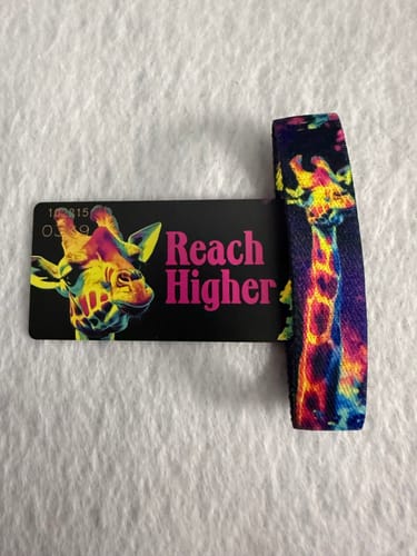 Reviewer's Reach Higher Bracelet and its collector's card, both featuring a vibrant, colorful giraffe design.