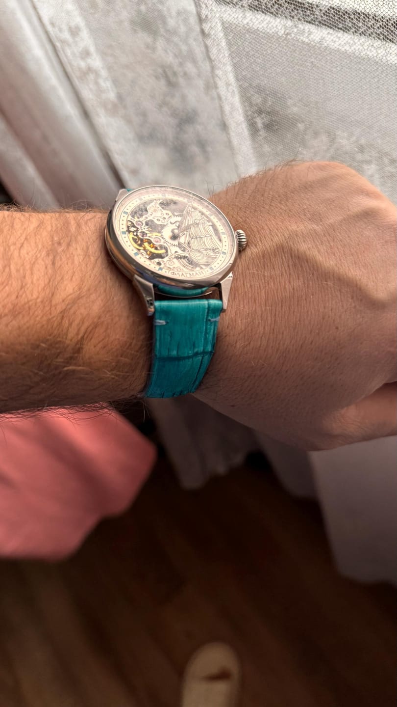 Customer photo review of Handmade Skeleton Watch - Mariner Blue