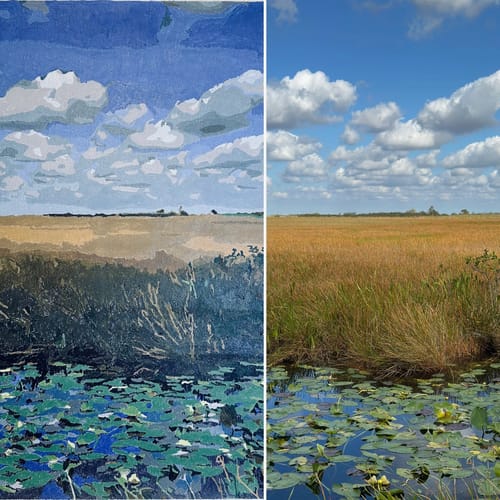 Customer's completed Custom Landscape Paint by Numbers painting of a field next to the original photo.