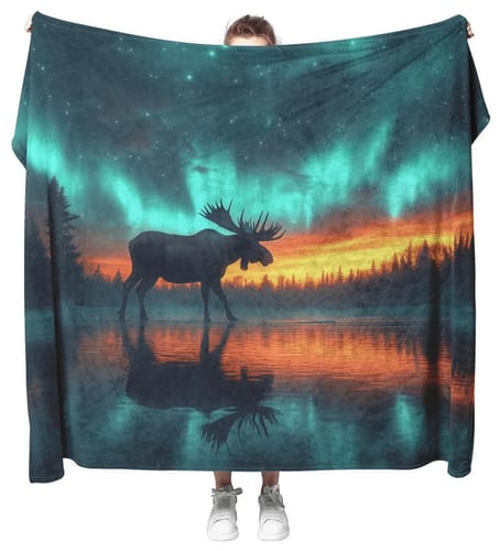 Customer photo review of Moose Walking Across Frozen Lake Under Glowing Aurora Borealis Sky With Antler Reflections on Icy Surface Fleece Sherpa Blanket