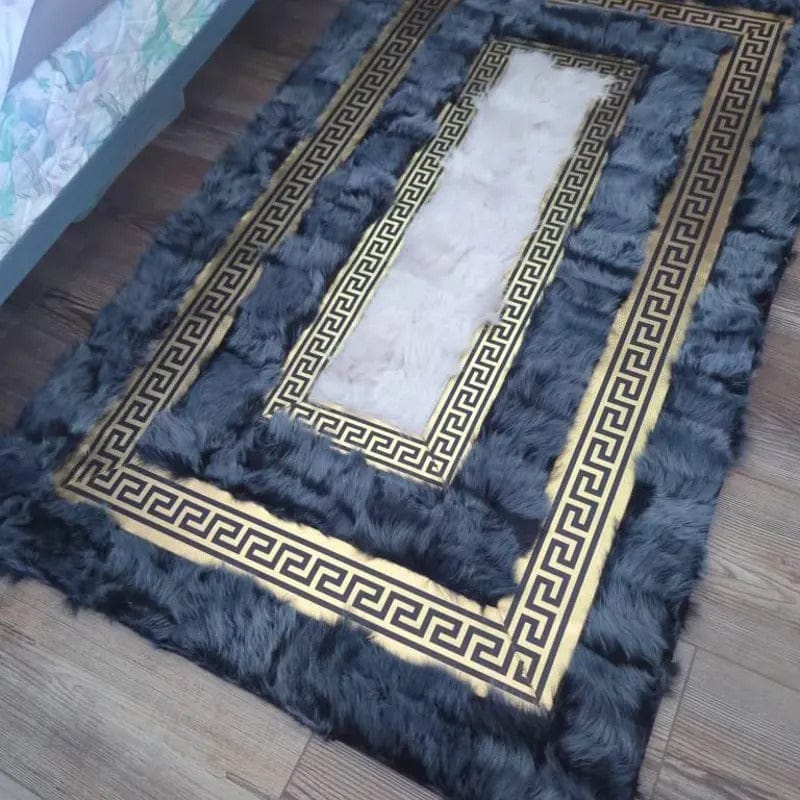 Customer photo review of Ivory Center Sheepskin Rug with Charcoal Border & Gold Greek Key