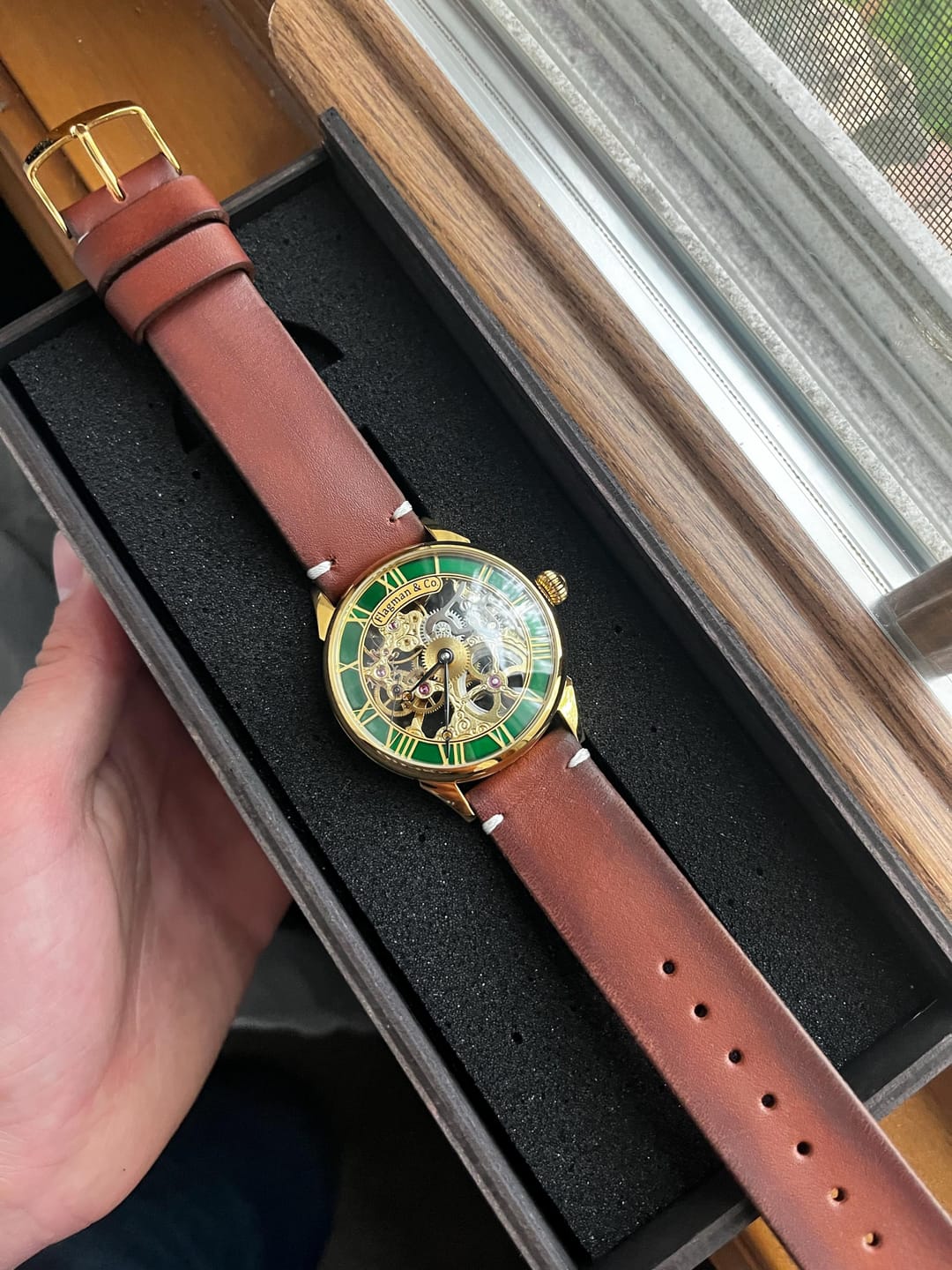 Customer photo review of Handmade Skeleton Watch - Emerald Rim