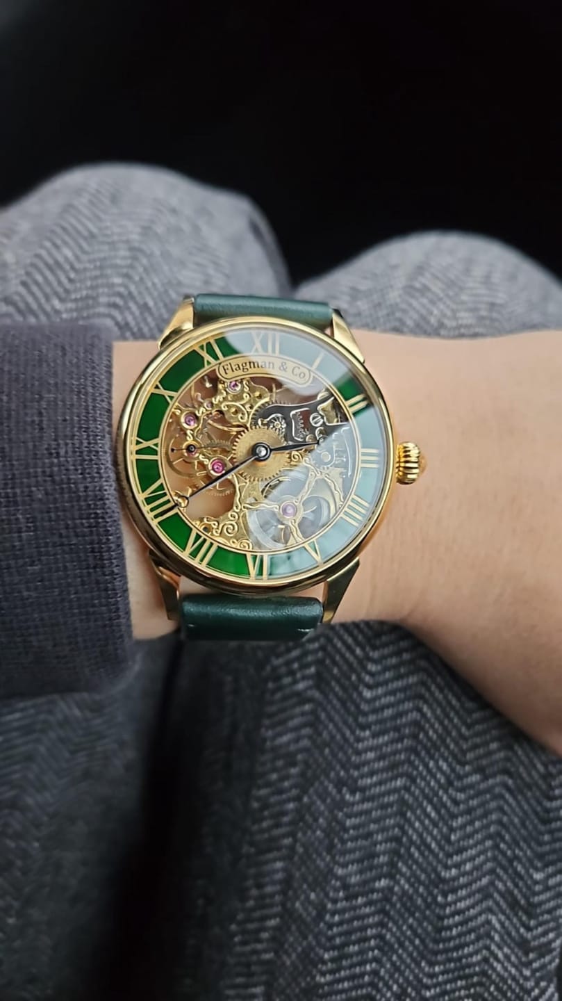 Customer photo review of Handmade Skeleton Watch - Emerald Rim