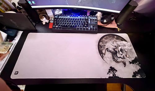 Customer's Gear 5 Under The Moon mousepad laid out on a dark desk, showing the light surface and detailed illustration.