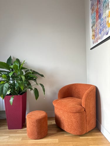 Customer photo review of HALMSTAD - Fauteuil de salon pivotant et pouf en tissu terracotta