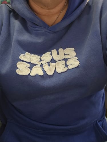 Customer photo review of Jesus Saves Patchwork Hoodie