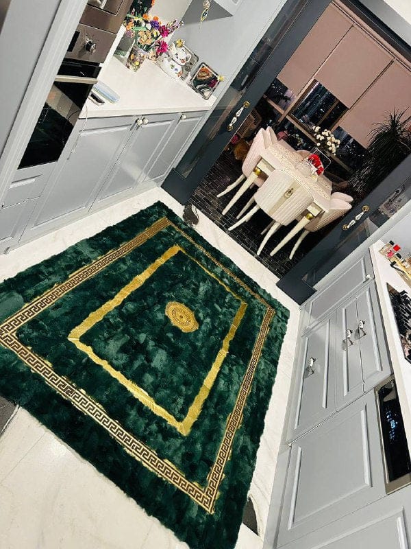 Customer photo review of Handmade Deep Green Rabbit Fur Area Rug with Gold Border