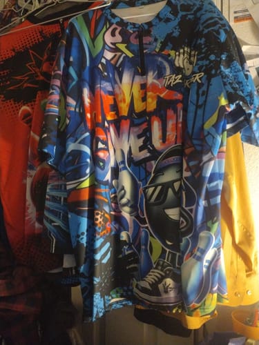 Customer photo review of Maxcorners Funny Never Give Up Graffiti Pattern Bowling Game Jersey Multicolor Options Personalized Name, Team Name 3D Shirt (4 Colors)