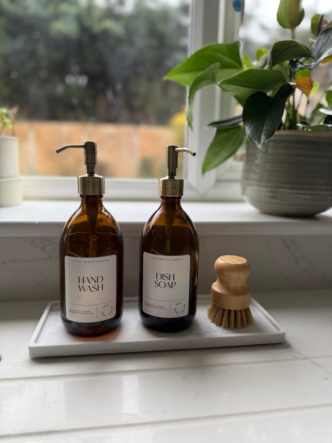 Customer photo review of Set of 2 Amber Glass Bottles 500 ML Long tray & Dish Brush