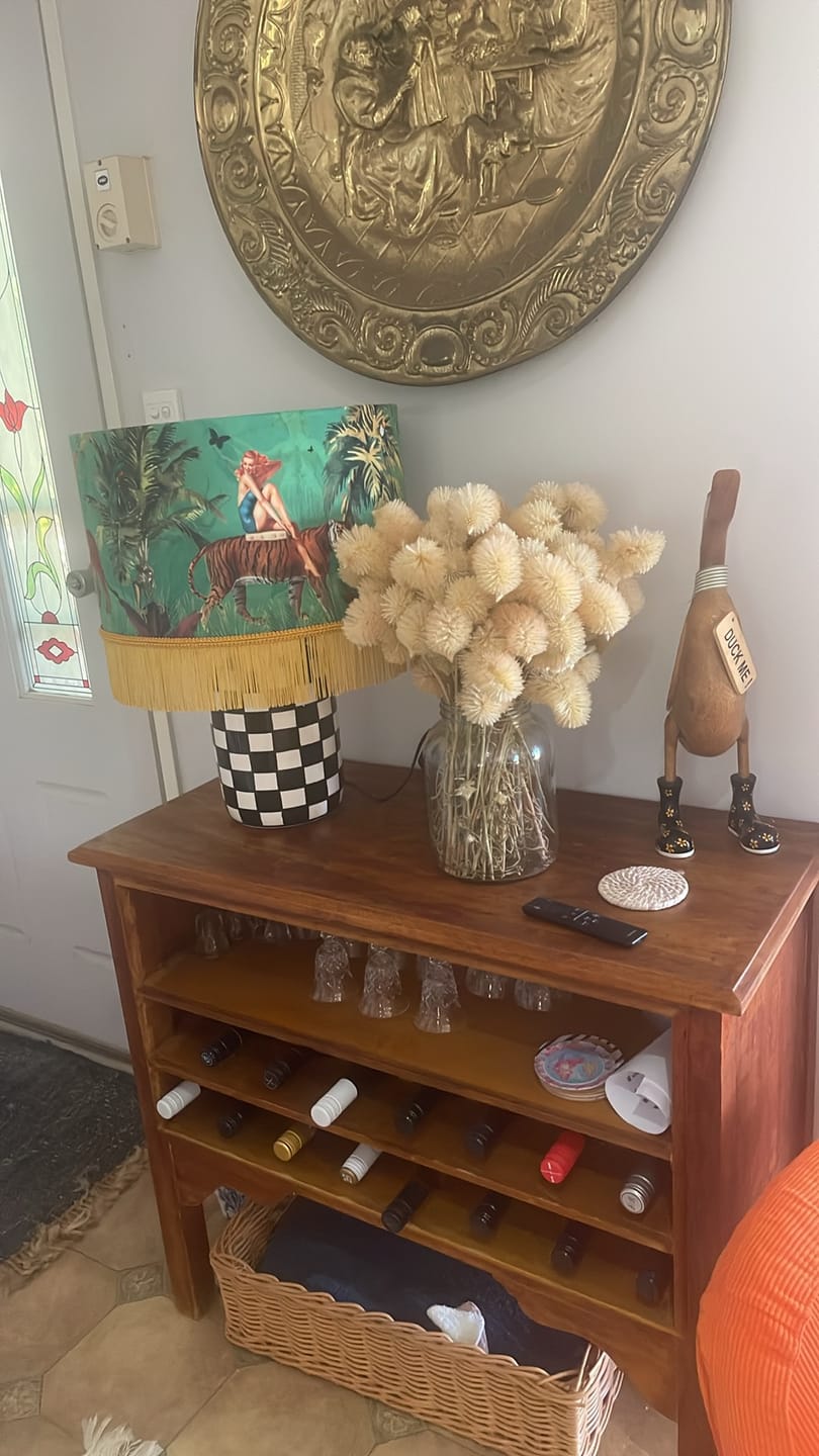 Customer photo review of Queen K Jungle Walk Green Tassel Fringed Drum Lampshade