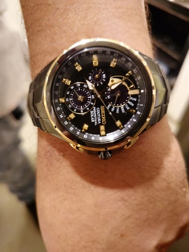 Customer photo review of Seiko Coutura Men's 44mm Black & Gold Plated Solar Perpetual Watch SSC573P