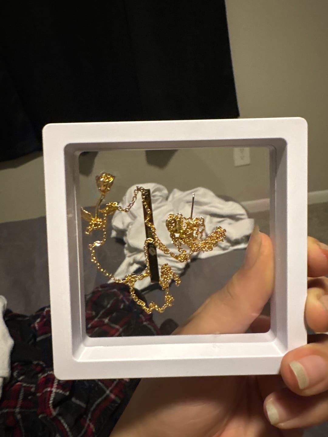Customer photo review of Engraved Rose Bar Necklace