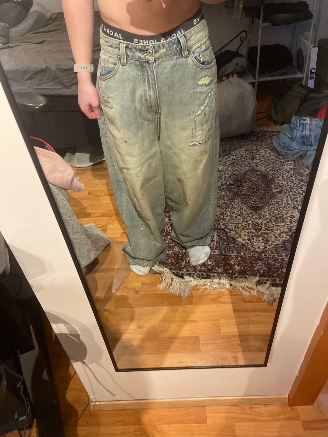 Customer photo review of Repaired Construction Denim Jeans Blue