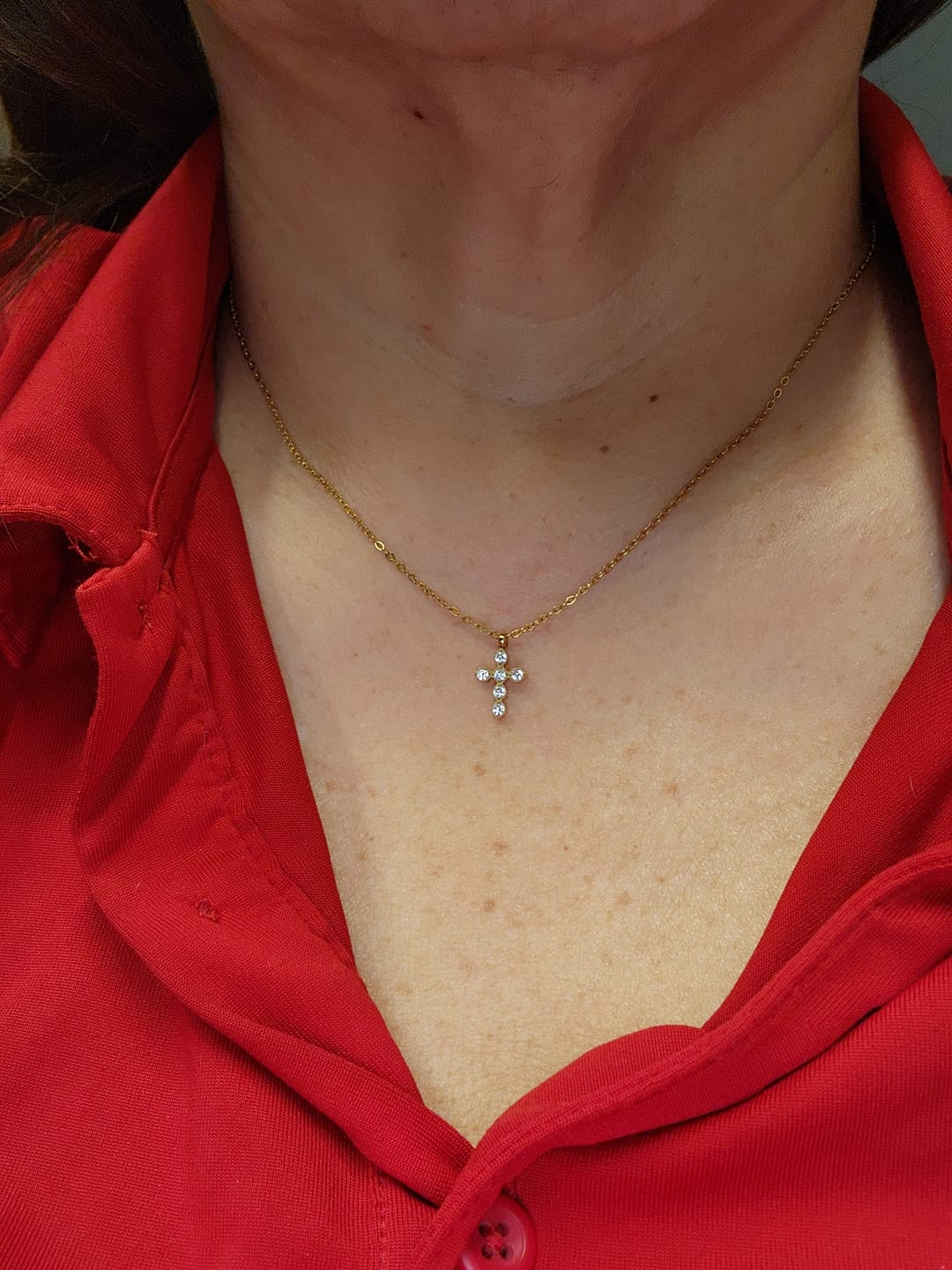 Customer photo review of Cascade Cross Necklace