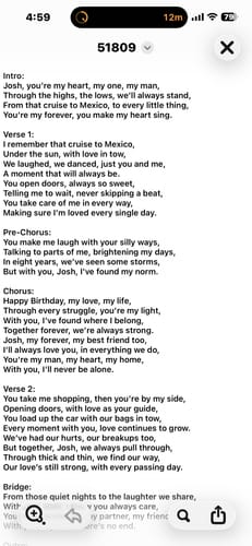 Customer's screenshot showing the first half of the custom song lyrics from their CREATE YOUR MELODY gift.