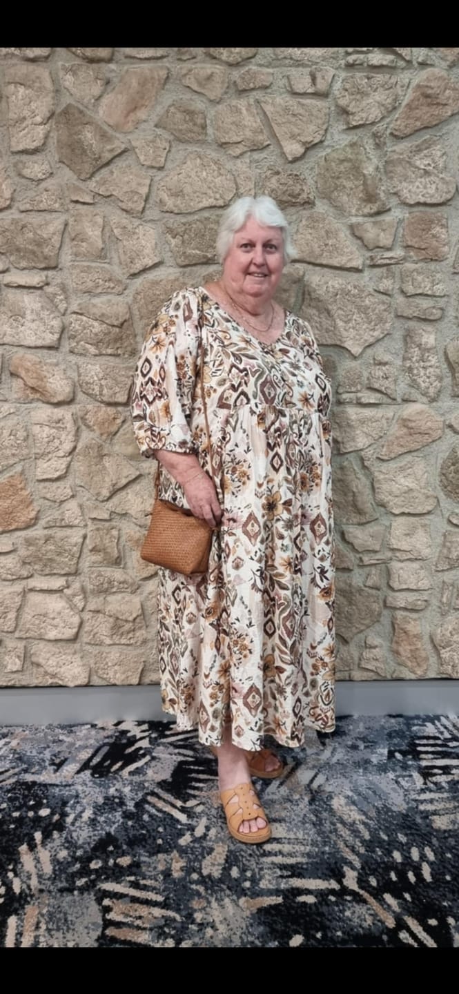 Customer photo review of Diane Midi Dress in Mocha Multi