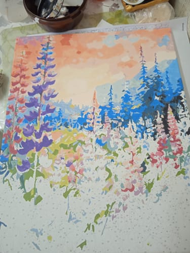 לקוחה מציגה את הציור שלה מתוך ערכת צביעה לפי מספרים PBN0707, באמצע תהליך הצביעה.