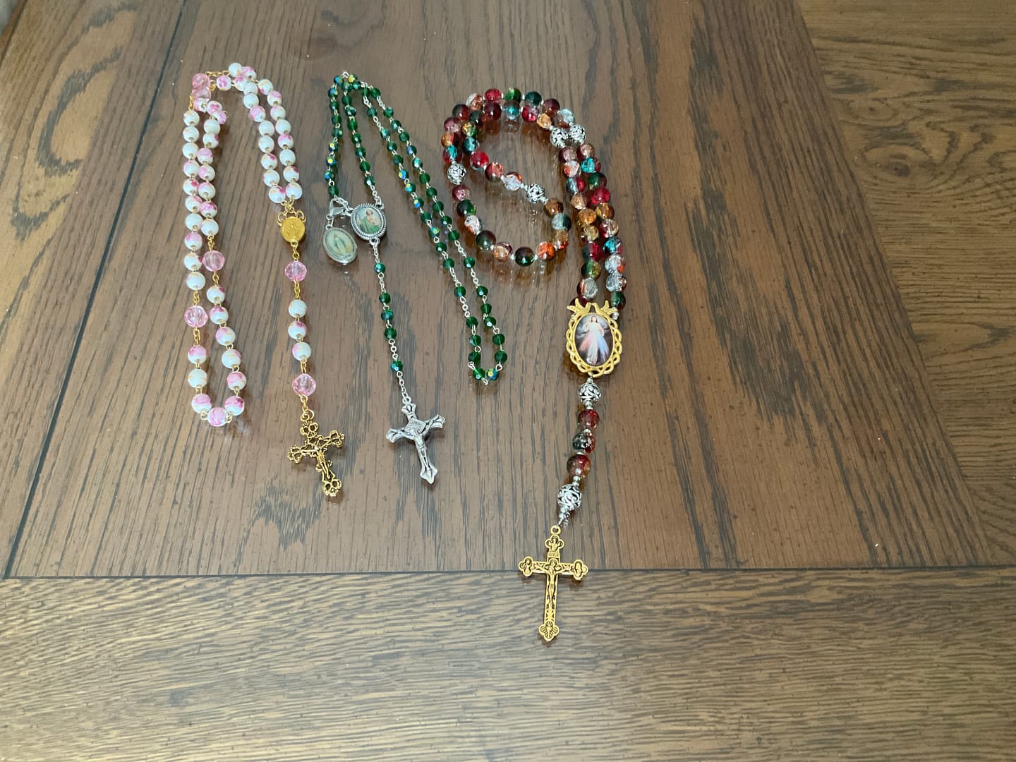 Customer photo review of FREE Today: Gradient Multicolor Glass Bead & Brass Crucifix Rosary with Divine Mercy Medal